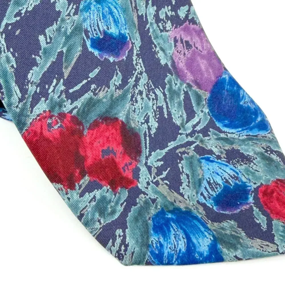 Vintage 90s Oleg Cassini Blue Red 100% Silk Floral Necktie
